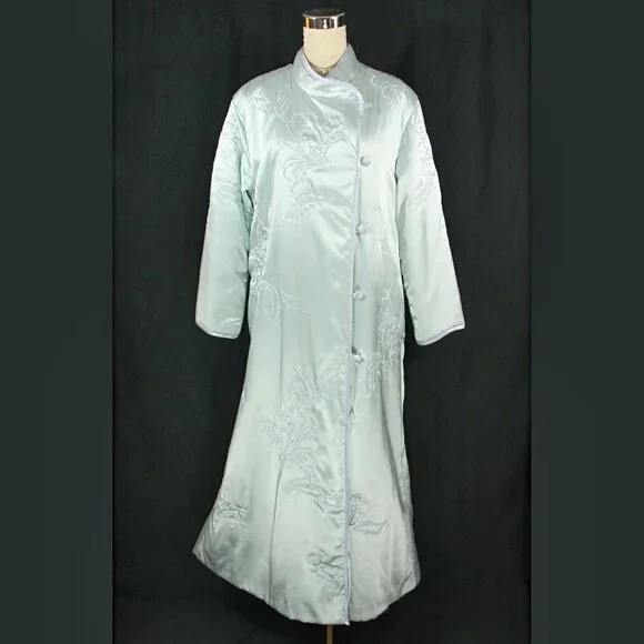 Vintage Natori Satin Floral Embroidered Full Length Winter Robe Lounge Blue M - Picture 2 of 14
